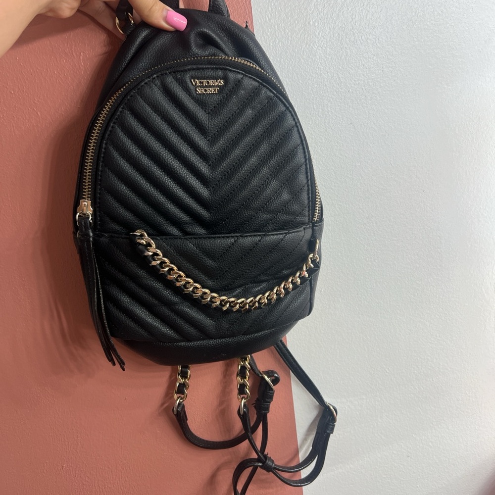 Victoria's Secret Black Chevron Backpack with Gold Chain